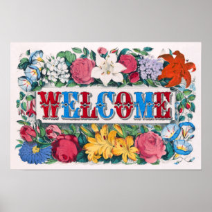 Welcome Lettering Roses Lilies Flower Garden Poster