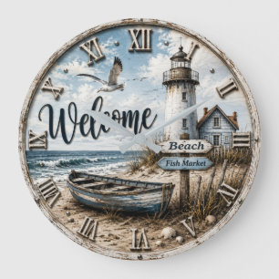 Welcome Lighthouse Coastal Nautical Beach House  Large Clock