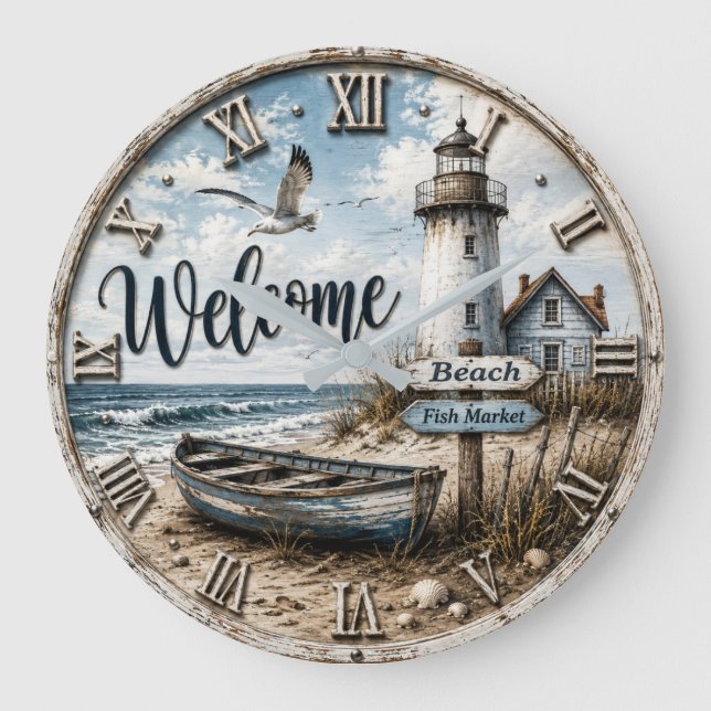 Welcome Lighthouse Coastal Nautical Beach House  Large Clock (Front)