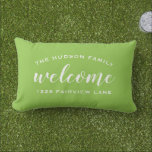 Welcome Lime Personalised Family Name Address Lumbar Cushion<br><div class="desc">Simply stylish lumbar throw pillow feature "Welcome" modern script text in white with custom arched text that can be personalised with your family's last name monogram and your street address. Two sided design on the front and back included. The white text and lime green background can be modified to coordinate...</div>