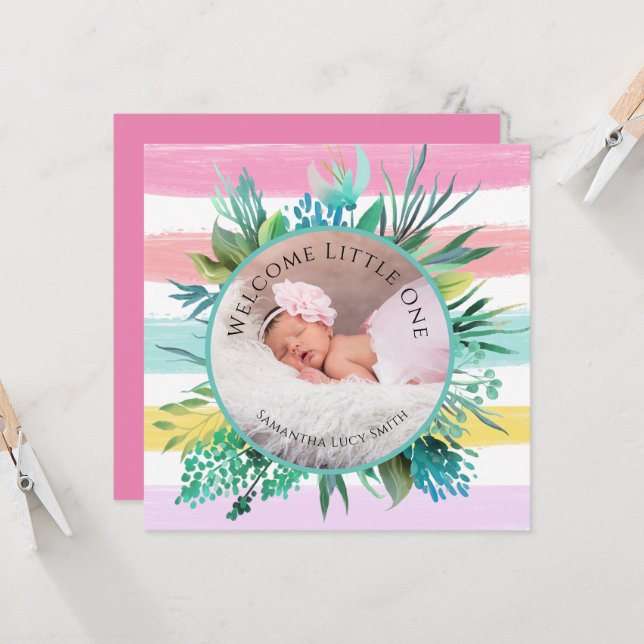 Welcome Little One baby girl Pink stripe Birth Card (Front/Back In Situ)