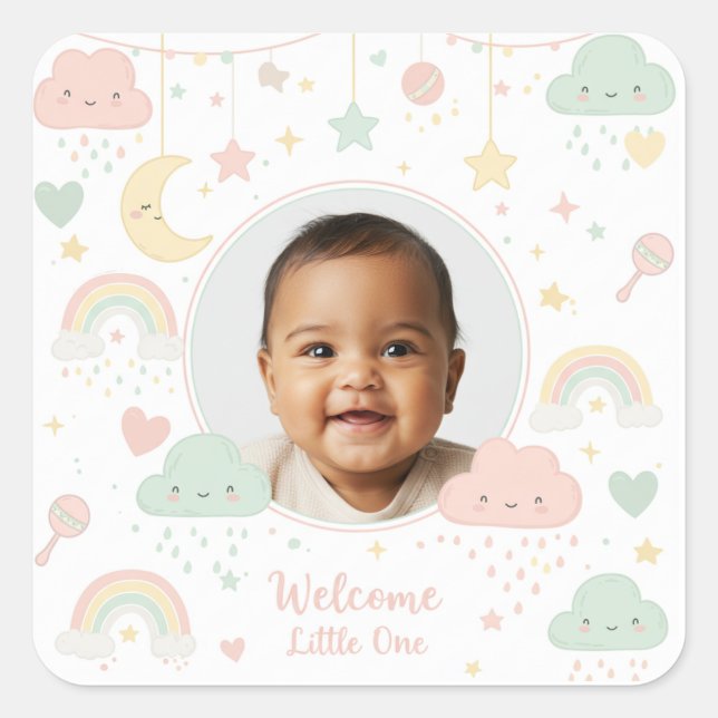Welcome Little One Baby Photo Keepsake Square Sticker (Front)