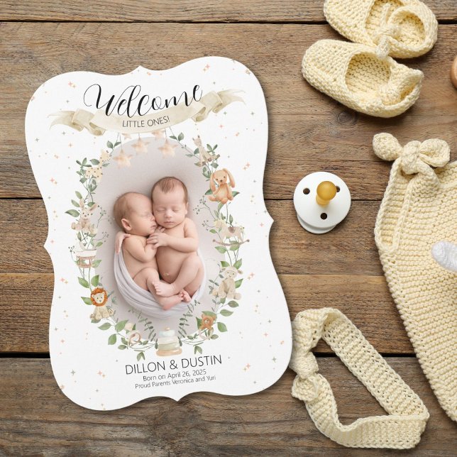 Welcome Little One Birth Announcement Card (Elegant birth announcement card with greenery, baby toys, gender-neutral design, and personalization)