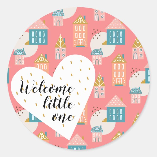 Welcome Little One Boho Baby heart houses Scandi Classic Round Sticker (Front)