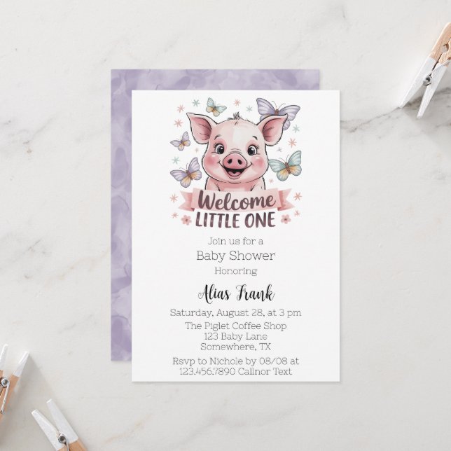 Welcome Little One - Cute Piglet Baby Shower Invitation (Front/Back In Situ)