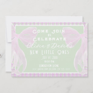 Welcome Little Ones-Twin girls Pink bow mint plaid Invitation