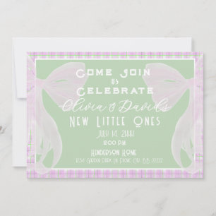 Welcome Little Ones-Twin girls Pink bow mint plaid Invitation