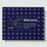 WELCOME Love Joy Peace Hebrew Personalised Blue Guest Book<br><div class="desc">Keep the memories of your special gatherings alive by collecting your guests' thoughts in this subtly stylish dark blue and grey Guest Book. The placeholder text is customisable, so you can change the description, eg. to your family name, etc. The words LOVE JOY PEACE are also written in Hebrew (and...</div>
