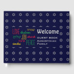 WELCOME Love Joy Peace Hebrew Personalised Blue Guest Book<br><div class="desc">Keep the memories of your special gatherings alive by collecting your guests' thoughts in this subtly stylish dark blue and grey Guest Book. The placeholder text is customisable, so you can change the description, eg. to your family name, etc. The words LOVE JOY PEACE are also written in Hebrew (and...</div>