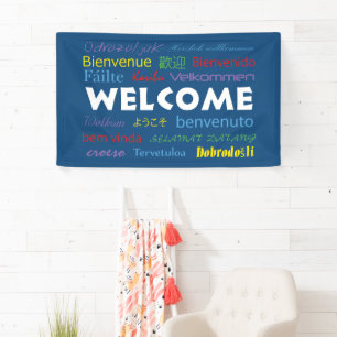 Welcome Many Languages Colourful Typography Blue  Banner
