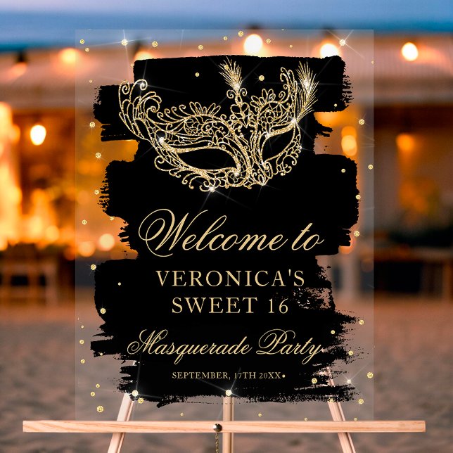 Welcome Masquerade black gold glitter Sweet 16 Acrylic Sign (Welcome Masquerade black gold glitter Sweet 16 Acrylic Sign)