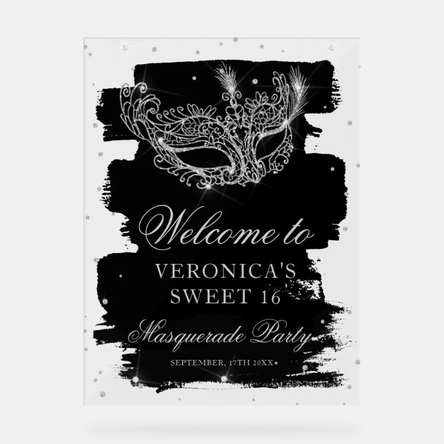 Welcome Masquerade black silver glitter Sweet 16 Acrylic Sign (Front)