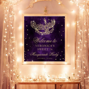 Welcome Masquerade purple gold glitter Sweet 16 Poster