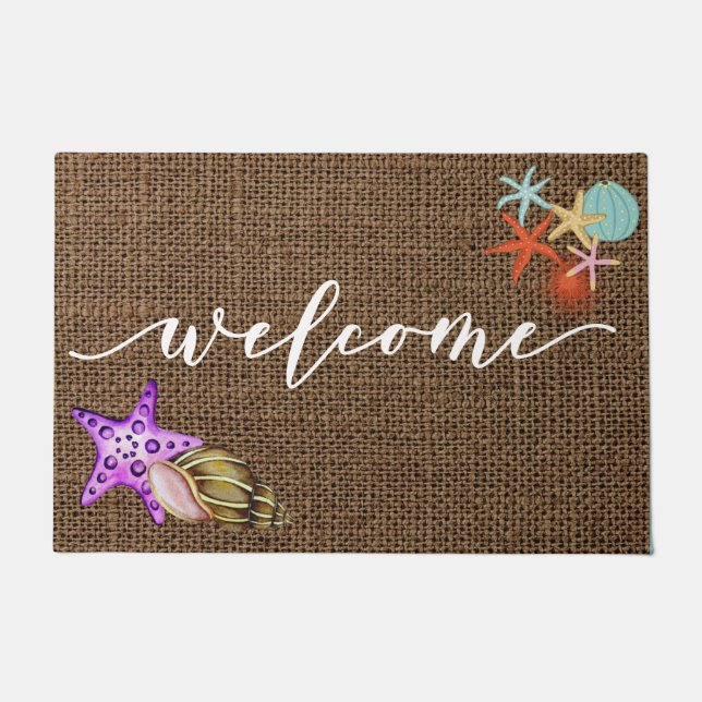 Welcome Mat Beach House Burlap Starfish Shell (Front)