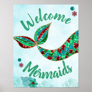 Welcome Mermaids, Mermaid Birthday Sign, Christmas Poster