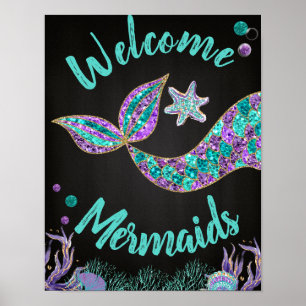 Welcome Mermaids, Mermaid Birthday Sign, Wall art