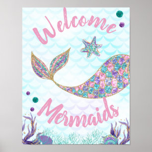 Welcome Mermaids, Mermaid Birthday Sign, Wall art