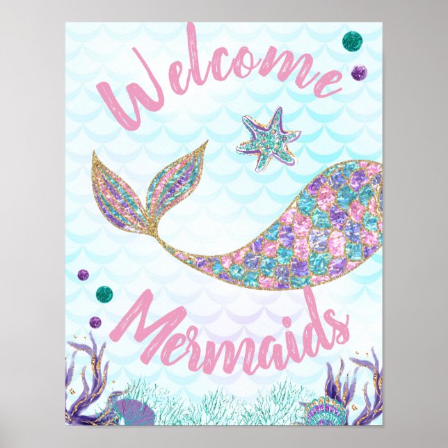 Welcome Mermaids, Mermaid Birthday Sign, Wall art (Front)