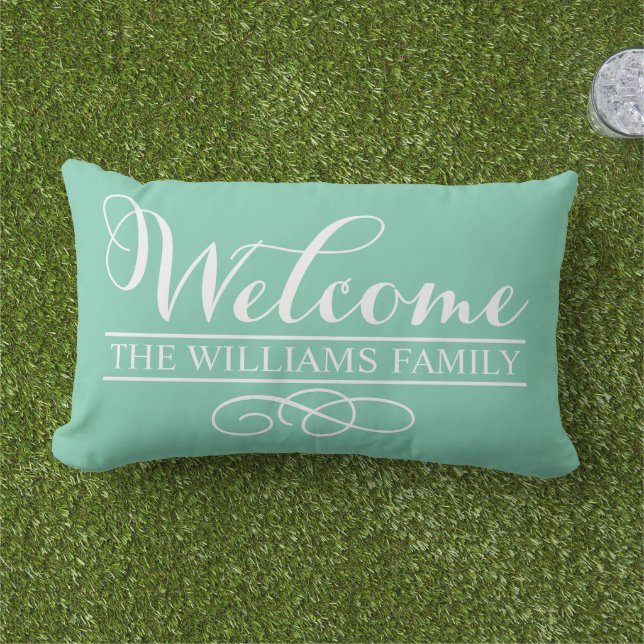Welcome Mint Green Custom Last Name Outdoor Cushion (Grass)