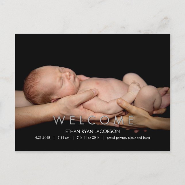 WELCOME Modern Birth Announcement Postcard (Front)