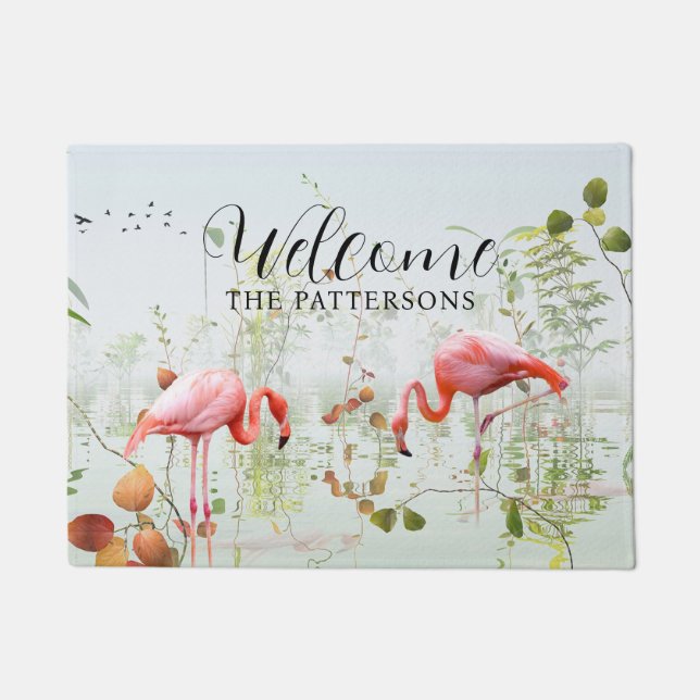 Welcome Modern Tropical Flamingo Family Name Doormat (Front)