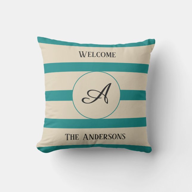 Welcome Monogram Family Name Teal Stripes - Cushion (Front)