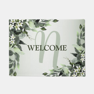 Welcome Monogram Greenery Floral Eucalyptus Leaves Doormat