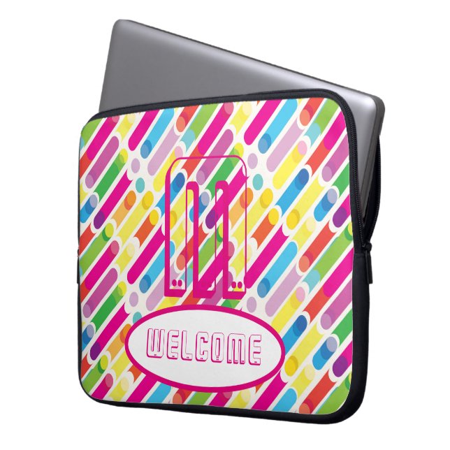 WELCOME & Monogram Rainbow Diagonal Lines Pop Art Laptop Sleeve (Front Left)