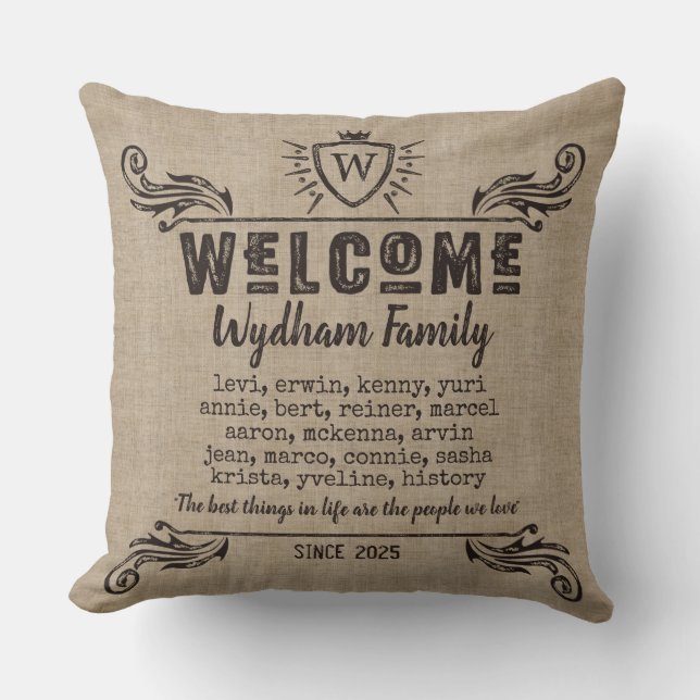 Welcome Monogram Rustic Logo Typography Burlap Cushion (Front)