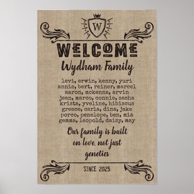 Welcome Monogram Rustic Logo Typography Burlap Poster (Front)