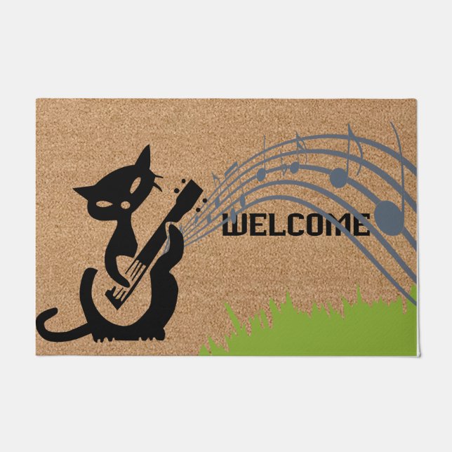 Welcome Musician Black Cat Mat, Simple  Doormat (Front)