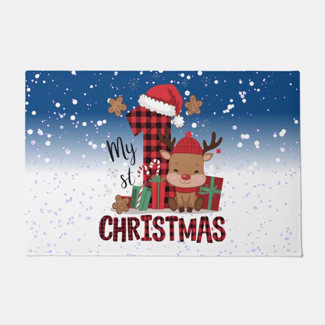 Welcome My 1st Christmas Santa Hat White Snow Doormat (Front)