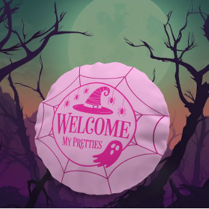 Welcome My Pretties Pink Halloween Spider Round Cushion