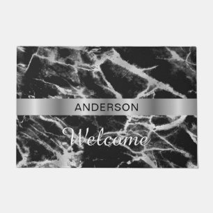 Welcome, Name on Silver Band, Black & Grey Marble Doormat