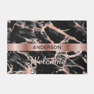 Welcome, Name, Rose Gold Band & Marble Design Doormat