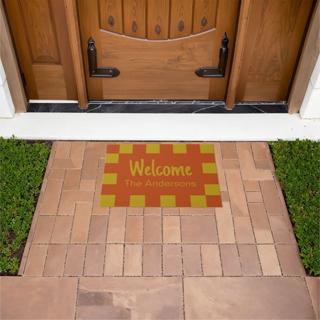 Welcome & Name Rust and Gold Chequerboard Border Doormat (Outdoor)