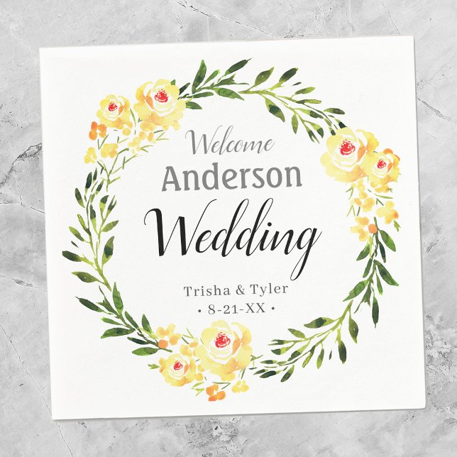 Welcome Names/Date Yellow W/Colour Flowers Wedding Napkin (Creator Uploaded)