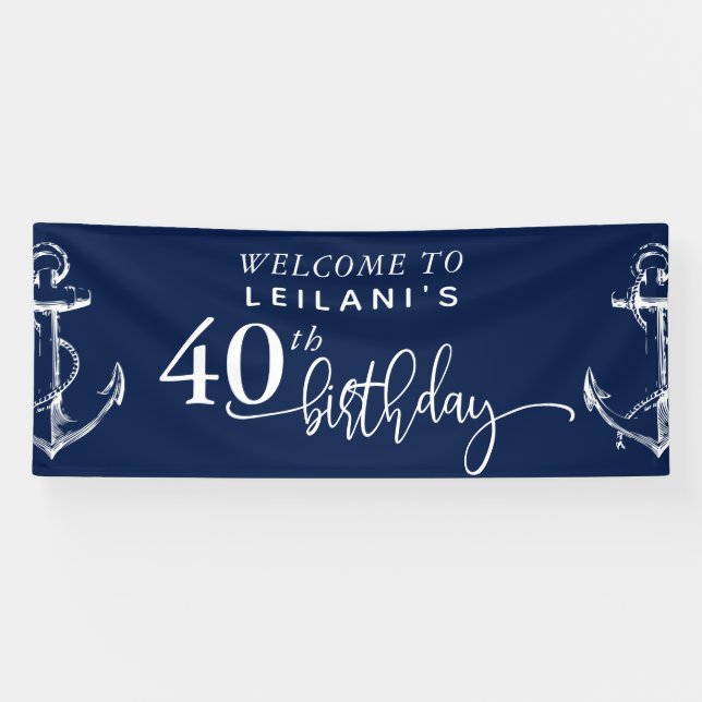 Welcome Nautical Anchor 40th Birthday Party Navy Banner (Horizontal)
