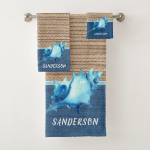 Welcome Nautical Shell Blue Crab Watercolor Rope O Bath Towel Set