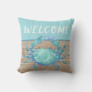 Welcome Nautical Teal Blue Crab Watercolor Rope  Cushion