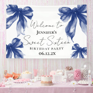 Welcome Navy Blue Bow Coquette Script Sweet 16  Banner