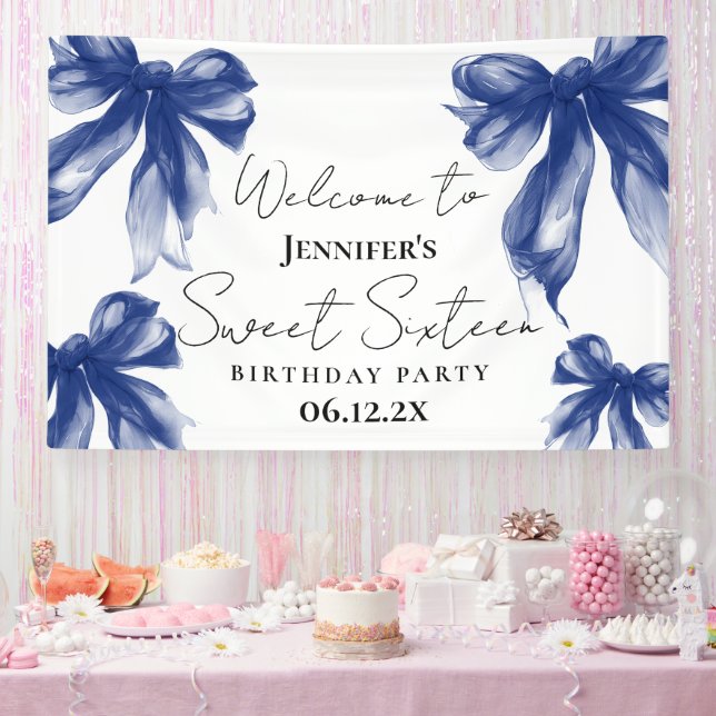 Welcome Navy Blue Bow Coquette Script Sweet 16  Banner (Party)