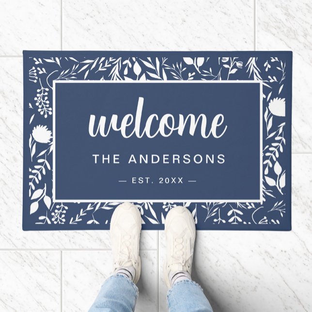 Welcome Navy Blue Floral Personalised  Doormat (Creator Uploaded)