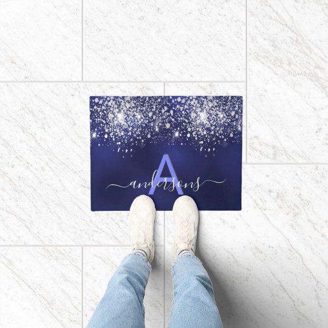 Welcome navy blue glitter family monogram doormat (Indoor)