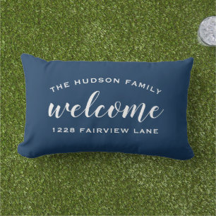 Welcome Navy Blue Personalised Family Name Address Lumbar Cushion