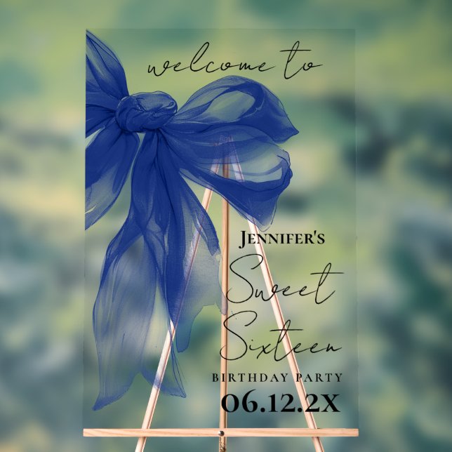 Welcome Navy Bow Coquette Script Sweet 16  Acrylic Sign (Neutral)