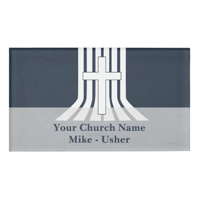 Welcome Navy White Christian Church Usher Name Tag (Front)