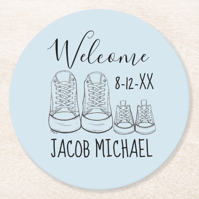 WELCOME New Arrival Baby Shoes Shower Blue Round Paper Coaster (Front)
