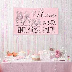 WELCOME New Arrival Baby Shoes Shower Pink Banner