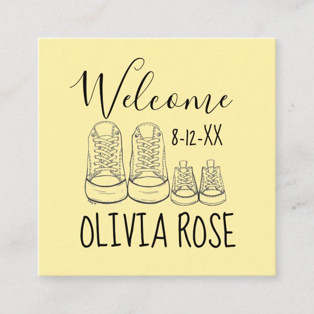WELCOME New Arrival Baby Shoes Shower Yellow Enclosure Card (Front)